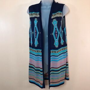 Say What? Long Southwestern Design Duster Sweater Vest Women L Made In USA